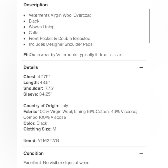 Vetements Virgin Wool Overcoat M double breasted UNI​​​ - Picture 4 of 14